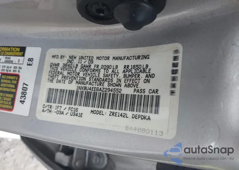 2010 Toyota Corolla Le z USA, uszkodzony, nr VIN 1NXBU4EE6AZ294552